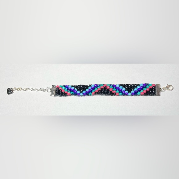 Handmade Loom Bracelet Chevron Design Black Blue Purple Green Pink Glass Beads - Picture 3 of 3